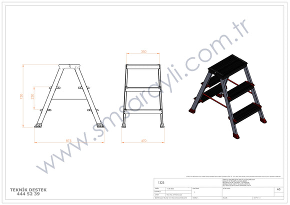 סולם דו צדדי מדרגות רחבות 3X3 פרמיום מקצועי