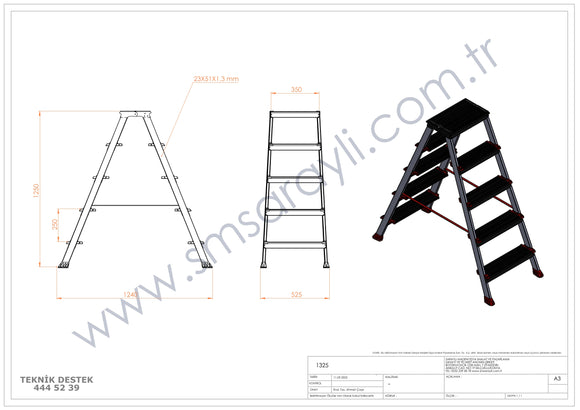 סולם דו צדדי מדרגות רחבות 5X5 פרמיום מקצועי