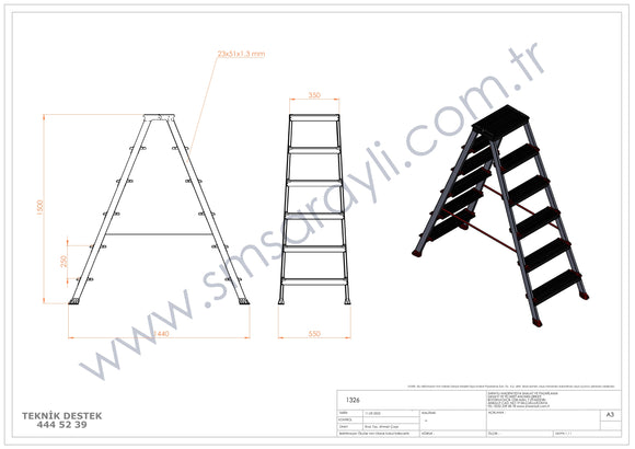 סולם דו צדדי מדרגות רחבות 6X6 פרמיום מקצועי