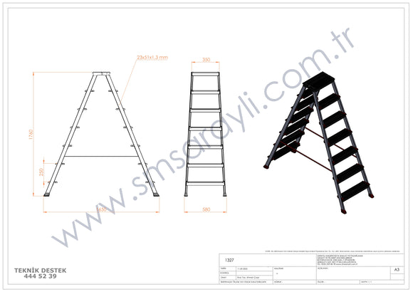 סולם דו צדדי מדרגות רחבות 7X7 פרמיום מקצועי
