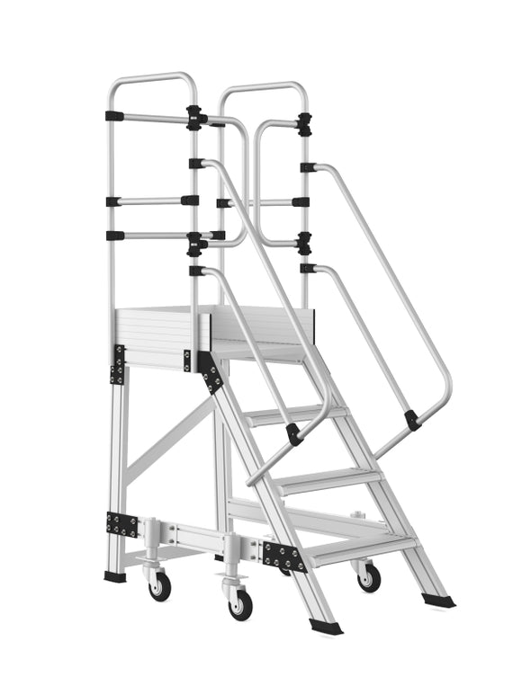 סולם תחזוקה תעשייתי נייד מאלומיניום – 3+1 שלבים, גובה משטח דריכה 1 מ' | כולל פלטפורמה ומעקה בטיחות