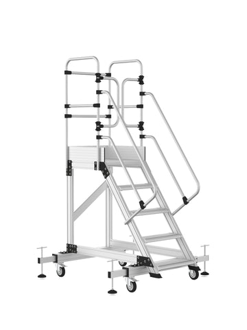 סולם תחזוקה מקצועי מאלומיניום – 4+1 שלבים, גובה משטח דריכה 1.25 מ' | כולל פלטפורמה, מעקה בטיחות וגלגלים מייצבים