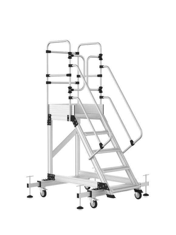 סולם תחזוקה מקצועי מאלומיניום – 4+1 שלבים, גובה משטח דריכה 1.25 מ' | כולל פלטפורמה, מעקה בטיחות וגלגלים מייצבים