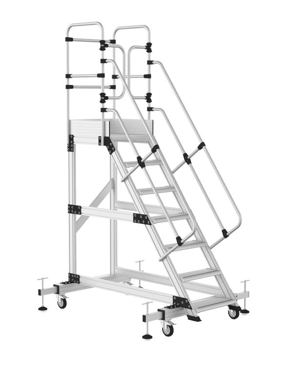 סולם תחזוקה מקצועי מאלומיניום – 6+1 שלבים, גובה משטח דריכה 1.75 מ' | כולל פלטפורמה, מעקה בטיחות וגלגלים מייצבים