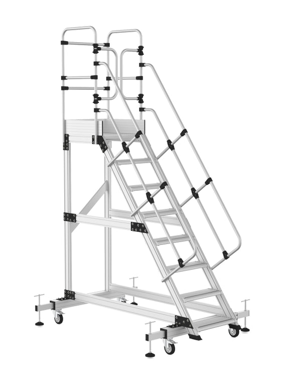 סולם תחזוקה מקצועי מאלומיניום – 7+1 שלבים, גובה משט דריכה 2 מ' | כולל פלטפורמה, מעקה בטיחות וגלגלים מייצבים