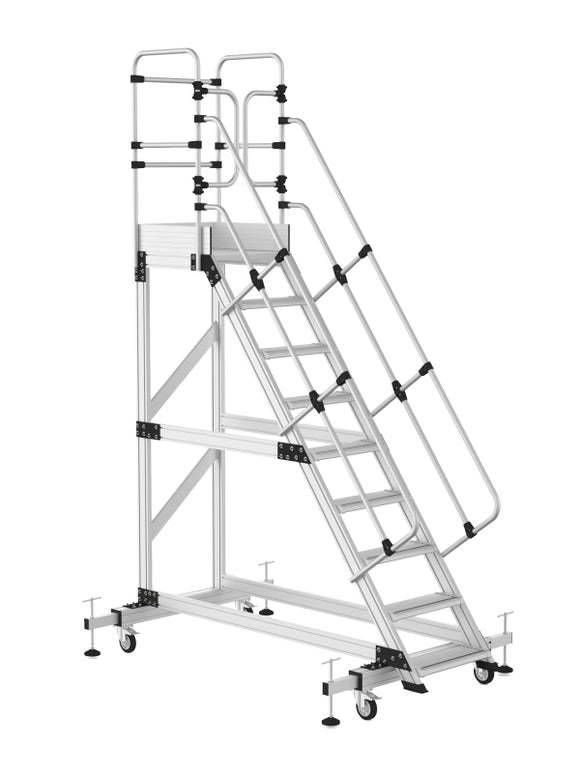 סולם תחזוקה מקצועי מאלומיניום – 8+1 שלבים, גובה משטח דריכה 2.25 מ' | כולל פלטפורמה, מעקה בטיחות וגלגלים מייצבים