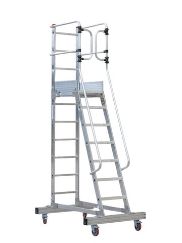 סולם אלומיניום עם פלטפורמה לסידור מדפים ומלאי במחסנים 7+1 שלבים לגובה עבודה 4 מ'