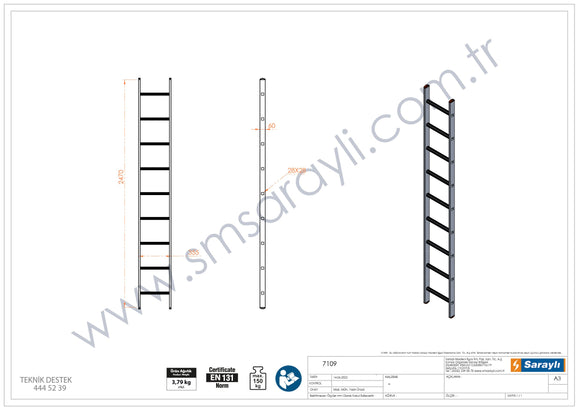 סולם אלומיניום יחיד נשען 9 שלבים SARAYLI