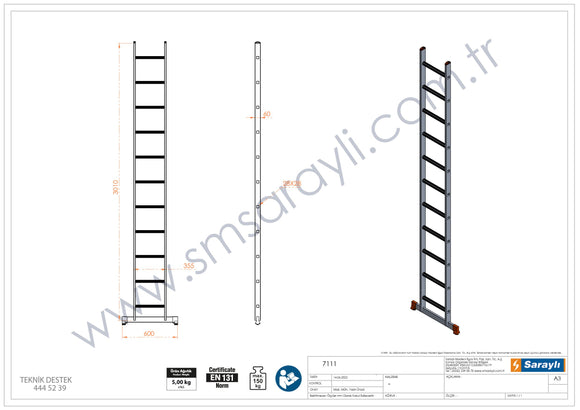 סולם אלומיניום יחיד נשען 11 שלבים SARAYLI