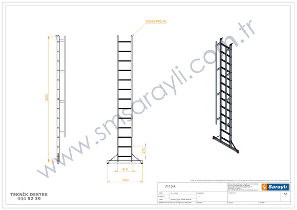 סולם אלומיניום יחיד נשען 13 שלבים עם ווים לתלייה ומאחז יד SARAYLI