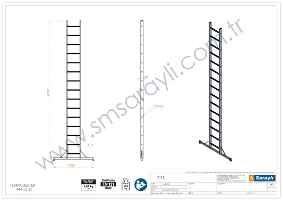 סולם אלומיניום יחיד נשען 15 שלבים SARAYLI
