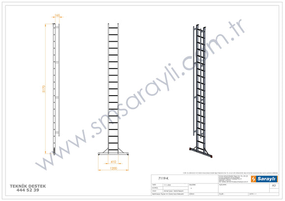 סולם אלומיניום יחיד נשען 19 שלבים עם ווים לתלייה ומאחז יד SARAYLI