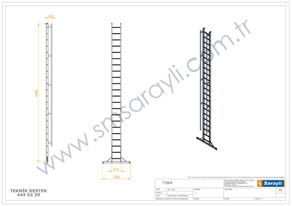 סולם אלומיניום יחיד נשען 22 שלבים עם ווים לתלייה ומאחז יד SARAYLI