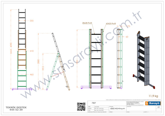 סולם ג' שחיל מקצועי רב שימושי מאלומיניום 3X7 שלבים Sarayli