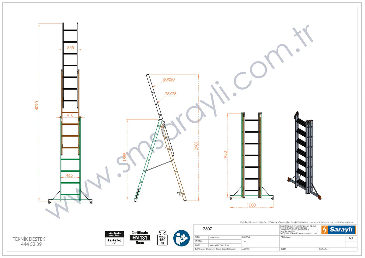 סולם ג' שחיל מקצועי רב שימושי מאלומיניום 3X7 שלבים Sarayli תקן EN131