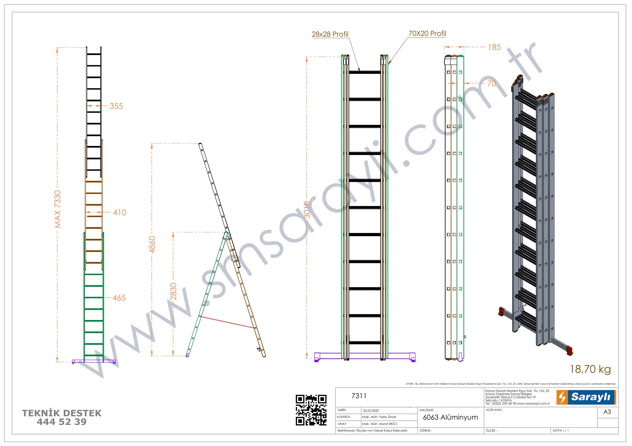 סולם ג' שחיל מקצועי רב שימושי מאלומיניום 3X11 שלבים