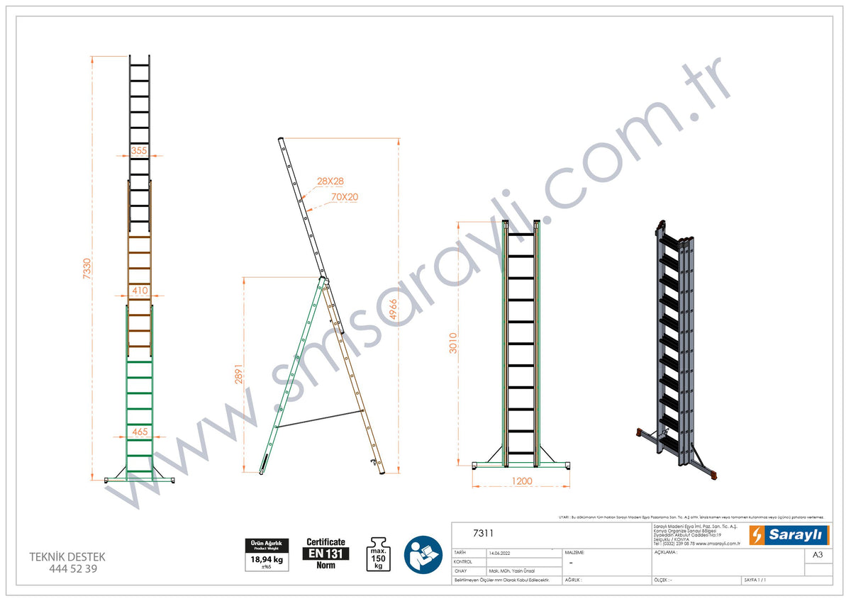 סולם ג' שחיל מקצועי רב שימושי מאלומיניום 3X11 שלבים Sarayli תקן EN131