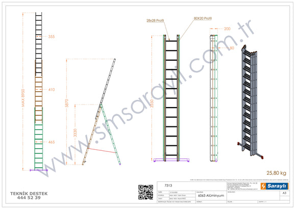 סולם ג' שחיל מקצועי רב שימושי מאלומיניום 3X13 שלבים Sarayli