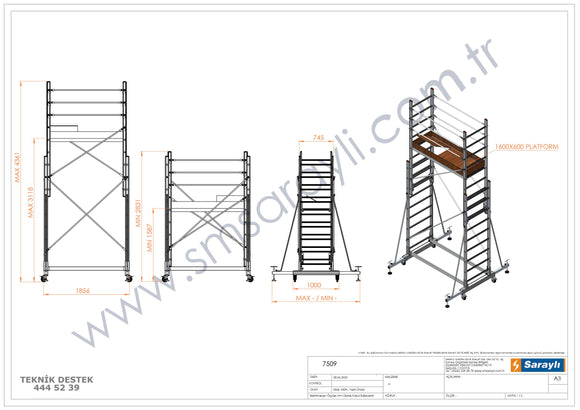 פיגום אלומיניום טלסקופי נייד דגם 7509 – מתכוונן לגובה עבודה ‎3.6–5.1 מ׳ (כולל אדם) | תקן EN1004 דגמי 2026