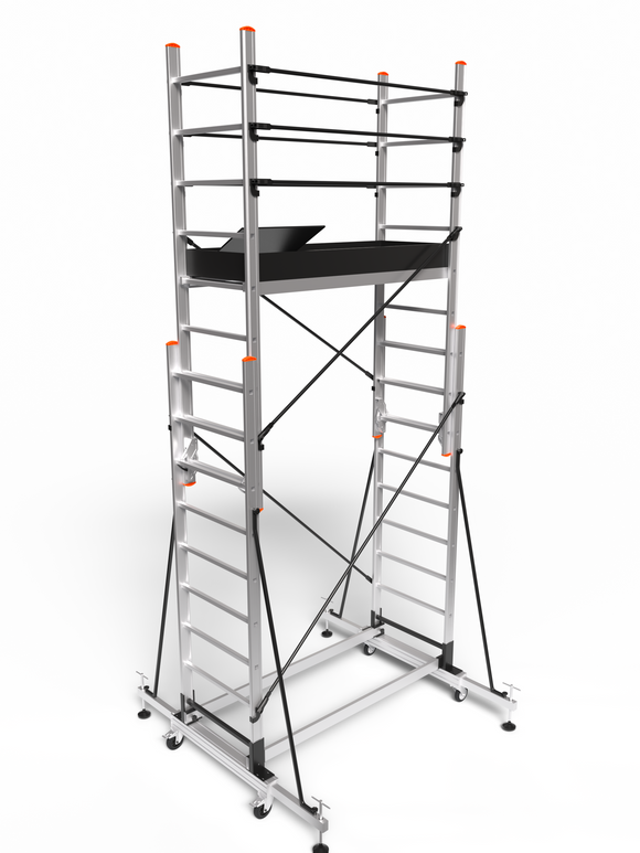 פיגום אלומיניום טלסקופי נייד דגם 7509 – מתכוונן לגובה עבודה ‎3.6–5.1 מ׳ (כולל אדם) | תקן EN1004 דגמי 2026