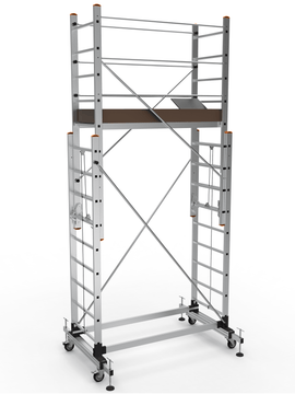 פיגום אלומיניום טלסקופי נייד דגם 7509 – גובה משטח: כ-3.10 מ׳ | גובה עבודה: עד 5.10 מ׳ (כולל אדם) | תקן EN1004