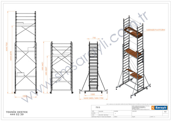פיגום אלומיניום טלסקופי נייד דגם 7515 – מתכוונן לגובה עבודה ‎5.0–8.0 מ׳ (כולל אדם) | תקן EN1004 דגמי 2026