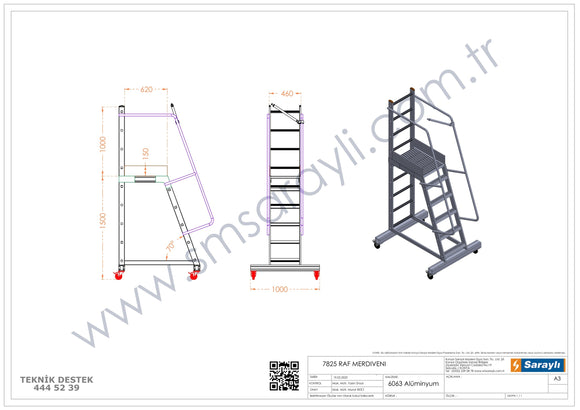 סולם אלומיניום עם פלטפורמה לסידור מדפים ומלאי במחסנים 5+1 שלבים לגובה עבודה 3.5 מ'