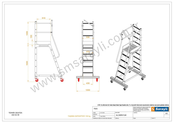סולם אלומיניום עם פלטפורמה לסידור מדפים ומלאי במחסנים 5+1 שלבים לגובה עבודה 3.63 מ' Sarayli