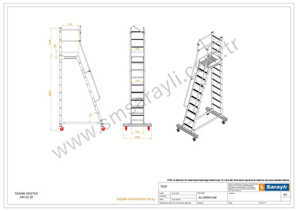 סולם אלומיניום עם פלטפורמה לסידור מדפים ומלאי במחסנים 9+1 שלבים לגובה עבודה 4.65 מ'