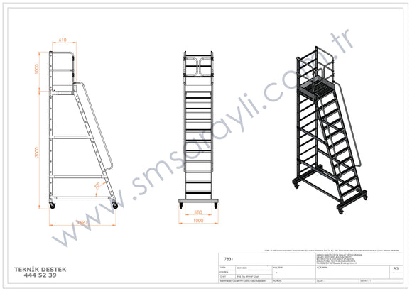 סולם אלומיניום מקצועי עם פלטפורמה – 11 שלבים, גובה משטח דריכה 3 מ' | אידיאלי לסידור מדפים ומלאי במחסן