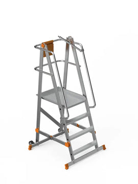 סולם תחזוקה מתקפל מאלומיניום – 3+1 שלבים, גובה משטח דריכה 1 מ' | כולל פלטפורמה, מעקה בטיחות וגלגלים Sarayli