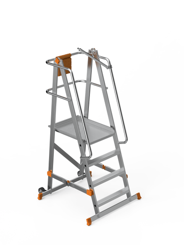 סולם תחזוקה מתקפל מאלומיניום – 3+1 שלבים, גובה משטח דריכה 1 מ' | כולל פלטפורמה, מעקה בטיחות וגלגלים