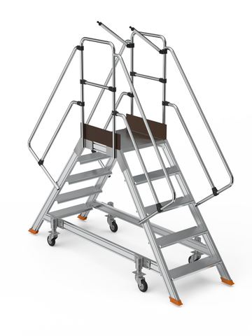 סולם תחזוקה דו-צדדי מאלומיניום – 4+1 שלבים, גובה משטח דריכה 1.25 מ' | כולל פלטפורמה, מעקה בטיחות וגלגלים