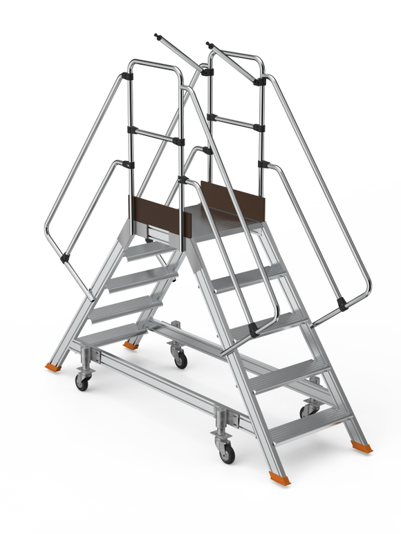 סולם תחזוקה דו-צדדי מאלומיניום – 4+1 שלבים, גובה משטח דריכה 1.25 מ' | כולל פלטפורמה, מעקה בטיחות וגלגלים