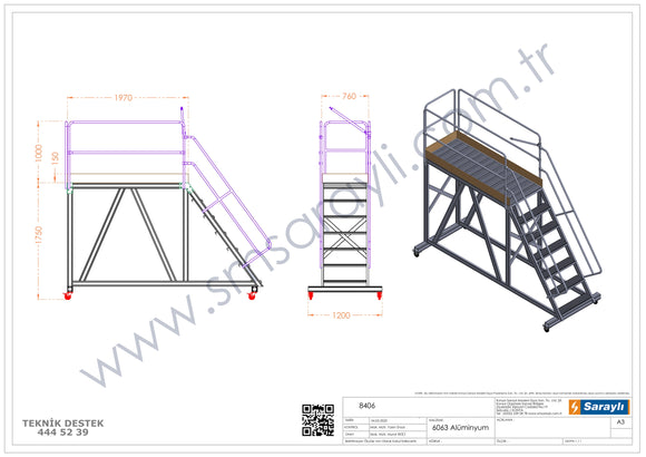סולם תחזוקה נייד מאלומיניום עם פלטפורמה ארוכה 6+1 שלבים