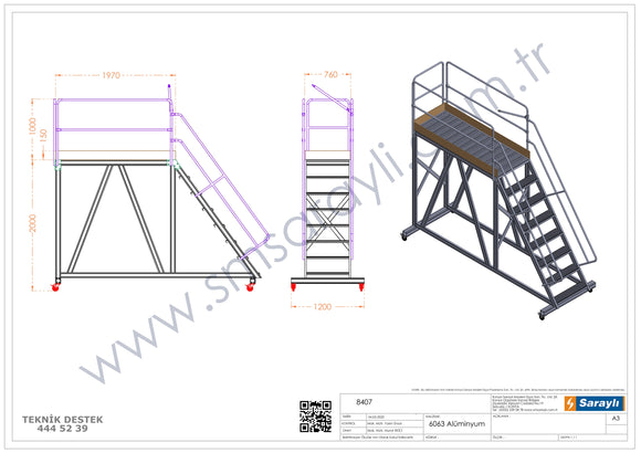סולם תחזוקה נייד מאלומיניום עם פלטפורמה ארוכה 7+1 שלבים
