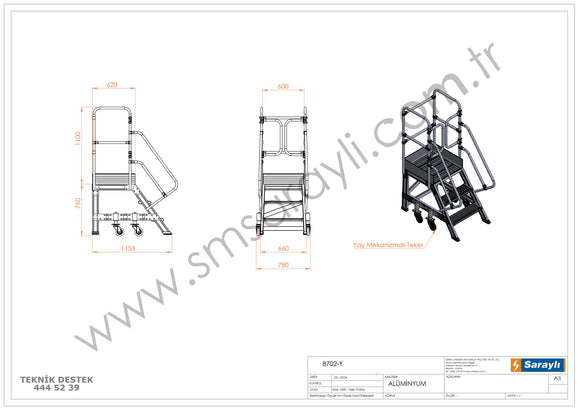 סולם תחזוקה תעשייתי נייד מאלומיניום – 2+1 שלבים, גובה משטח דריכה 0.75 מ' | כולל פלטפורמה ומעקה בטיחות