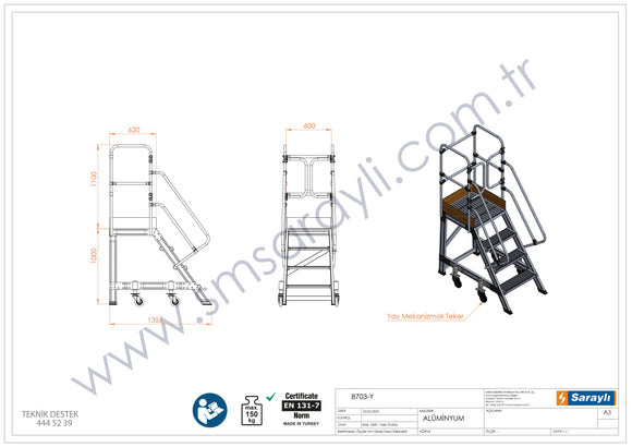 סולם תחזוקה תעשייתי נייד מאלומיניום – 3+1 שלבים, גובה משטח דריכה 1 מ' | כולל פלטפורמה ומעקה בטיחות