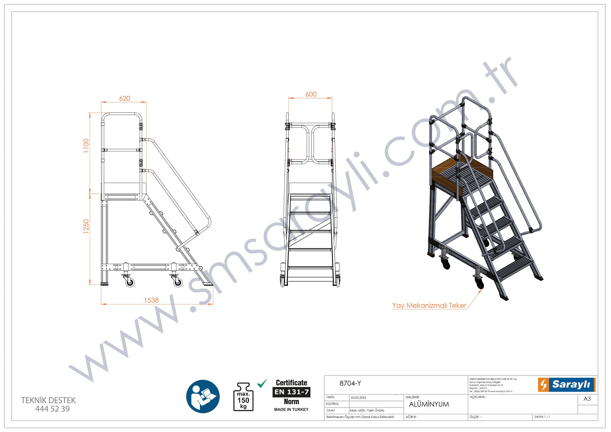 סולם תחזוקה תעשייתי אלומיניום נייד 4+1 עם פלטפורמה ומעקה בטיחות גובה עבודה 3.25 מ' - 0