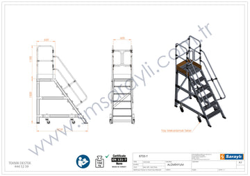 סולם תחזוקה תעשייתי נייד מאלומיניום – 5+1 שלבים, גובה משטח דריכה 1.5 מ' | כולל פלטפורמה ומעקה בטיחות - 0