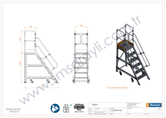 סולם תחזוקה תעשייתי נייד מאלומיניום – 5+1 שלבים, גובה משטח דריכה 1.5 מ' | כולל פלטפורמה ומעקה בטיחות