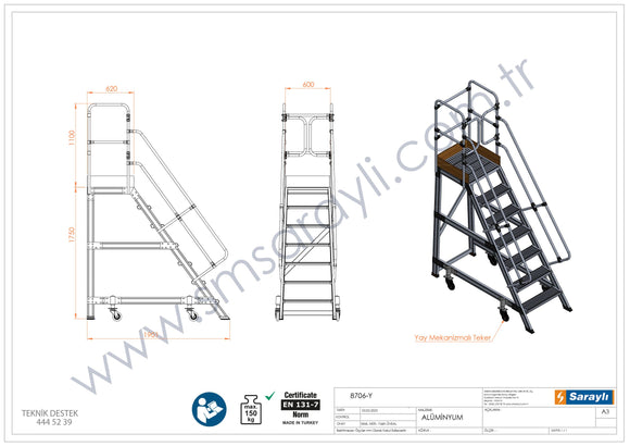 סולם תחזוקה תעשייתי נייד מאלומיניום – 6+1 שלבים, גובה משטח דריכה 1.75 מ' | כולל פלטפורמה ומעקה בטיחות