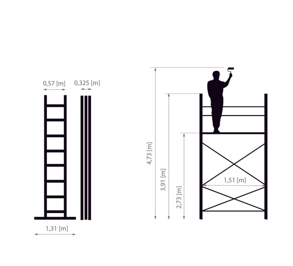 HECTOR Pro – פיגום אלומיניום רב-שימושי 3 ב-1 | גובה מדרך: כ-2.75 מ׳ | גובה עבודה: עד 4.75 מ׳ (כולל אדם)