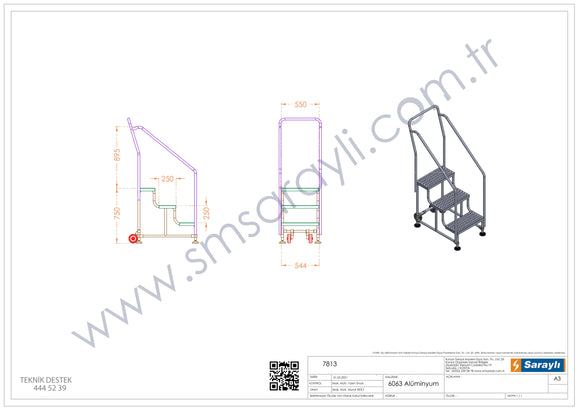 סולם מדרגות לסידור מדפים – 3 שלבים עם מאחז יד