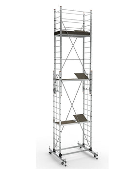 פיגום אלומיניום טלסקופי נייד דגם 7515 – גובה משטח: כ-6.10 מ׳ | גובה עבודה: עד 8.10 מ׳ (כולל אדם) | תקן EN1004