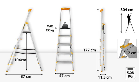 סולם אלומיניום פרמיום מקצועי 5 שלבים מדרגות רחבות DRABEST