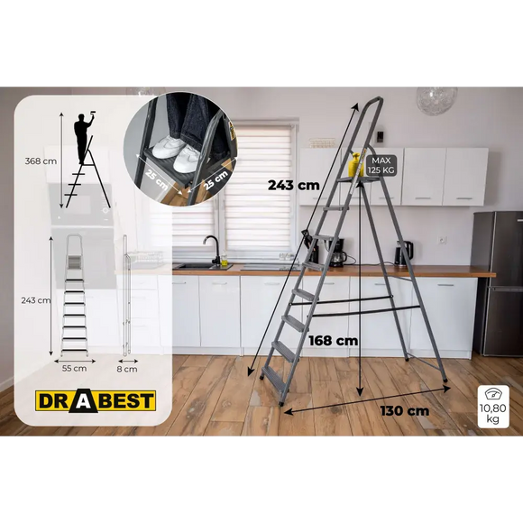 סולם מתכת ביתי 8 שלבים 125 ק"ג Drabest