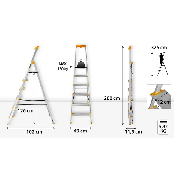 סולם אלומיניום פרמיום מקצועי 6 שלבים מדרגות רחבות DRABEST