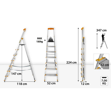 סולם אלומיניום פרמיום מקצועי 7 שלבים מדרגות רחבות DRABEST - 0