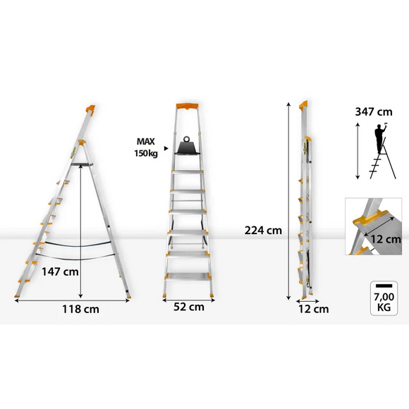 סולם אלומיניום פרמיום מקצועי 7 שלבים מדרגות רחבות DRABEST